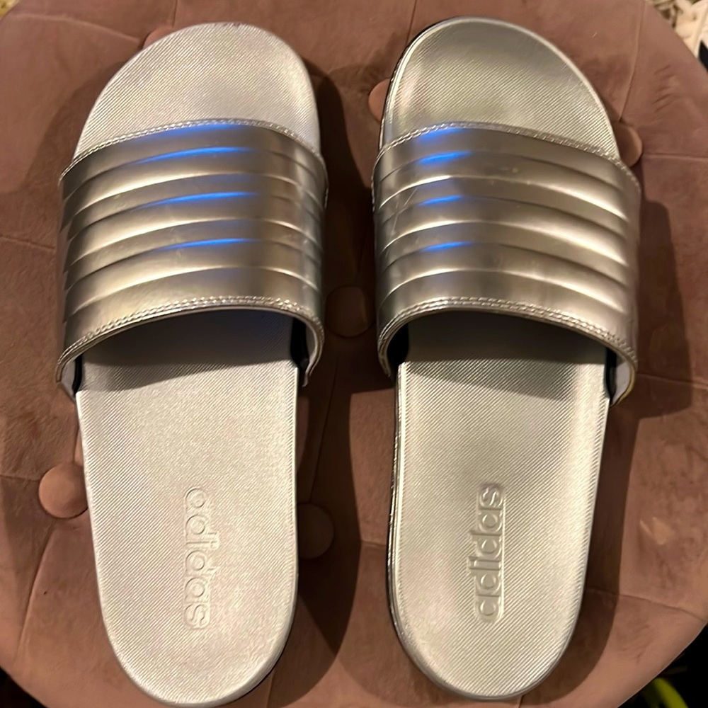 Silver Adidas Slides - US size 11 (mens) / 12.5 (Womens) - UnWorn!